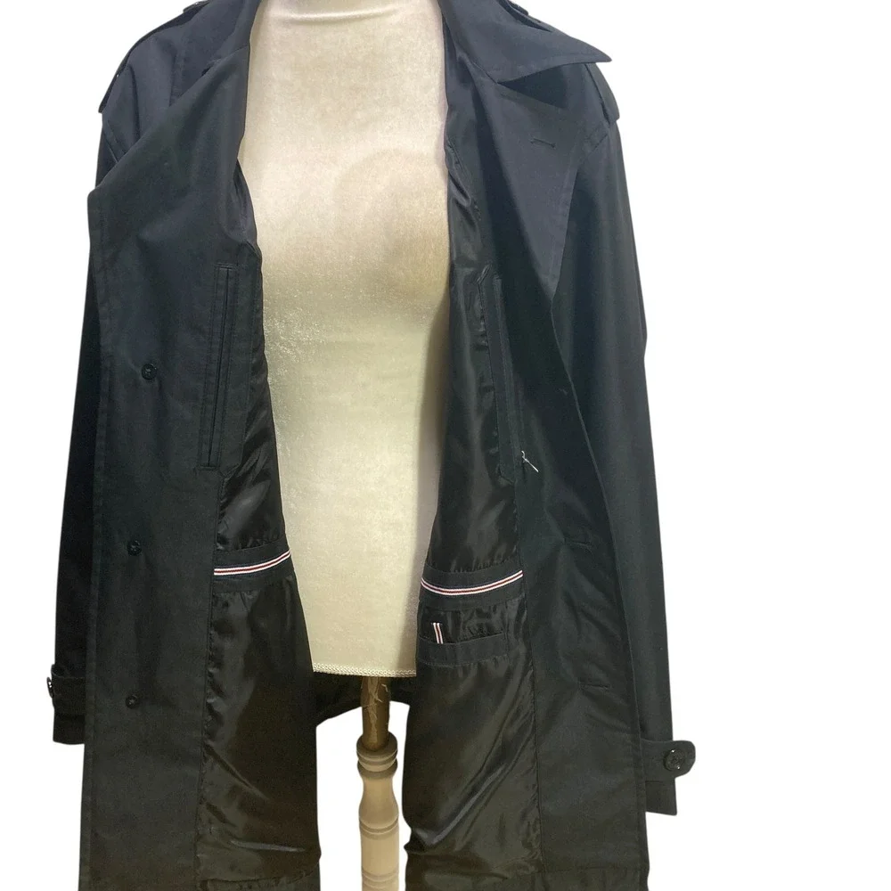 Tommy Hilfiger‎ Womens Black Trench Coat Button Front Rain Jacket Collared L